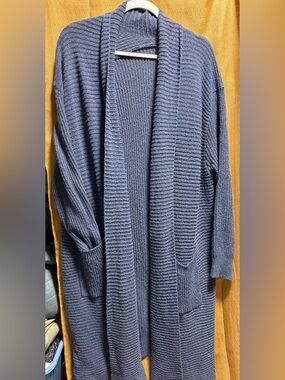 SHEIN Blue Ribbed Open-Front Long Cardigan